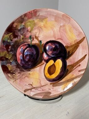 8.25” Peasant Village Pottery Plate Hand Painted Italy PV 09503 Plate Plums VGC